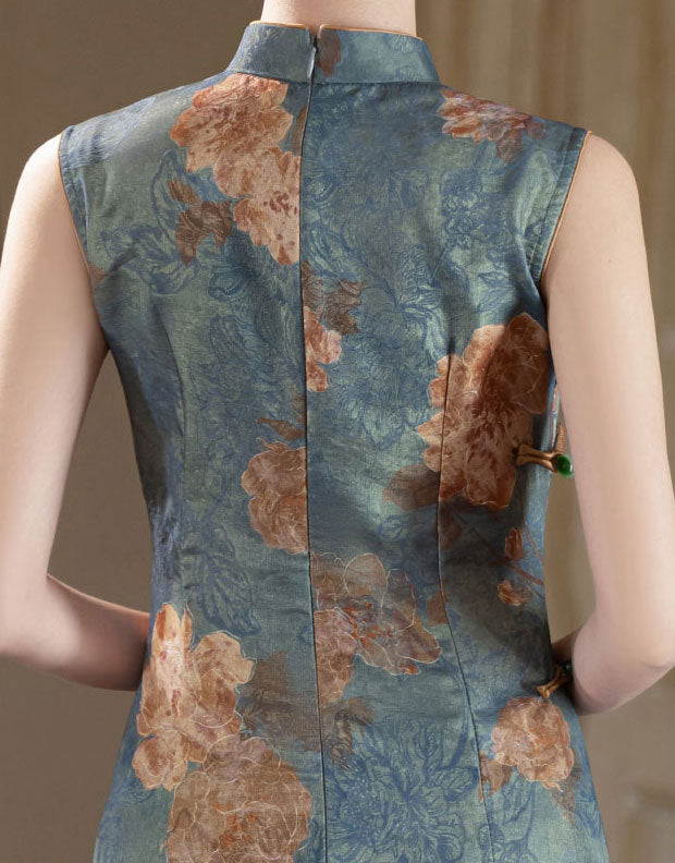 Blue Floral Print Sleeveless Maxi Cheongsam Qipao Dress