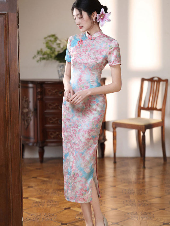 Pink Floral Print Long Cheongsam Qipao Dress