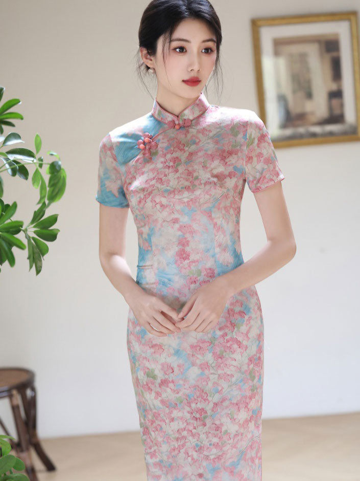Pink Floral Print Long Cheongsam Qipao Dress