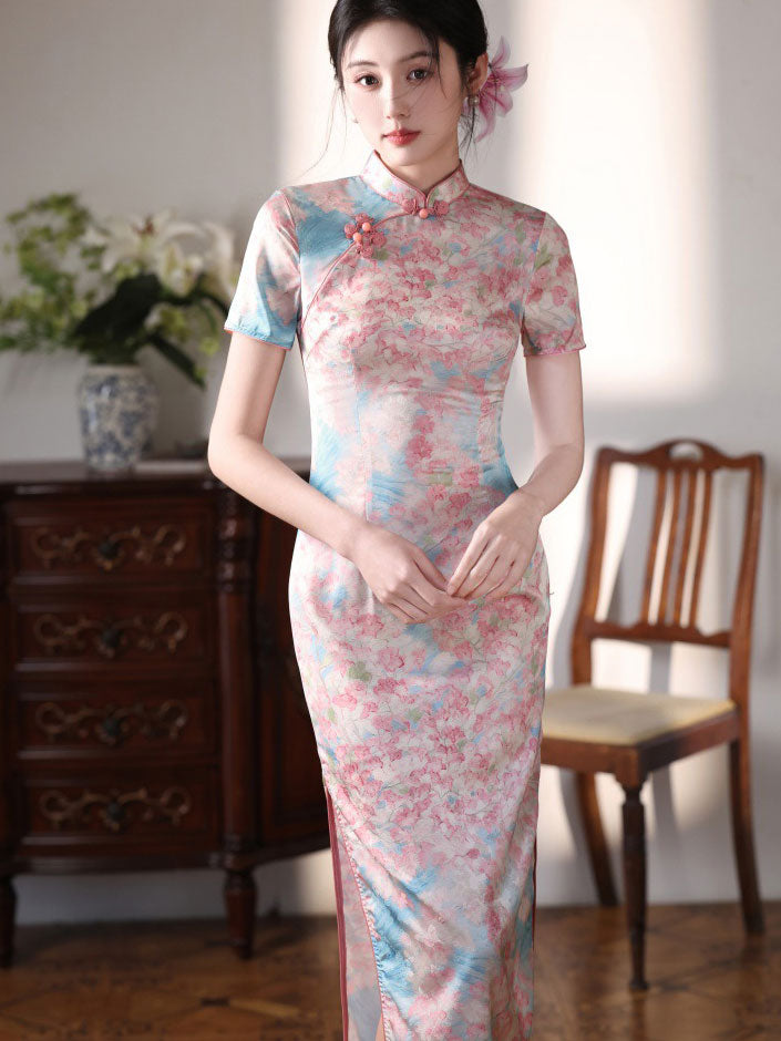 Pink Floral Print Long Cheongsam Qipao Dress