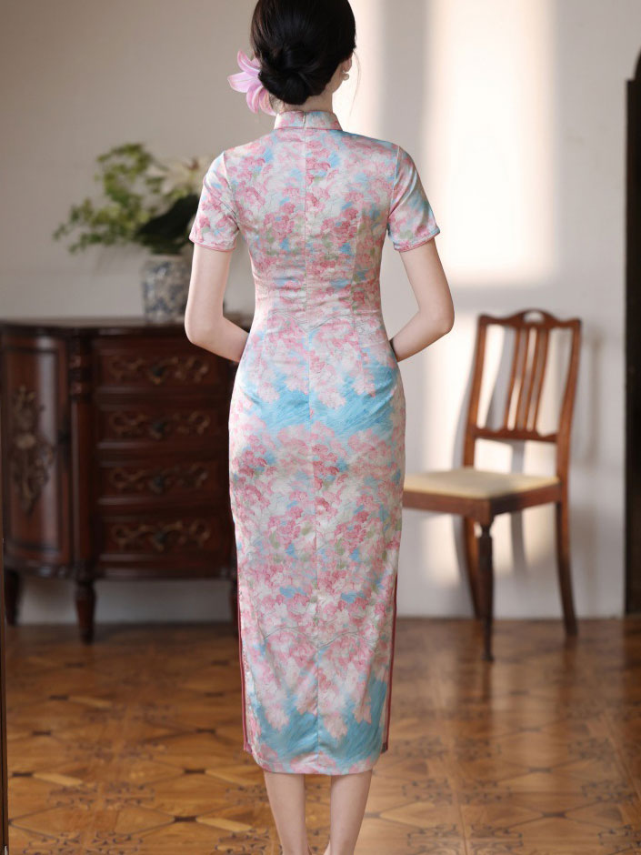 Pink Floral Print Long Cheongsam Qipao Dress