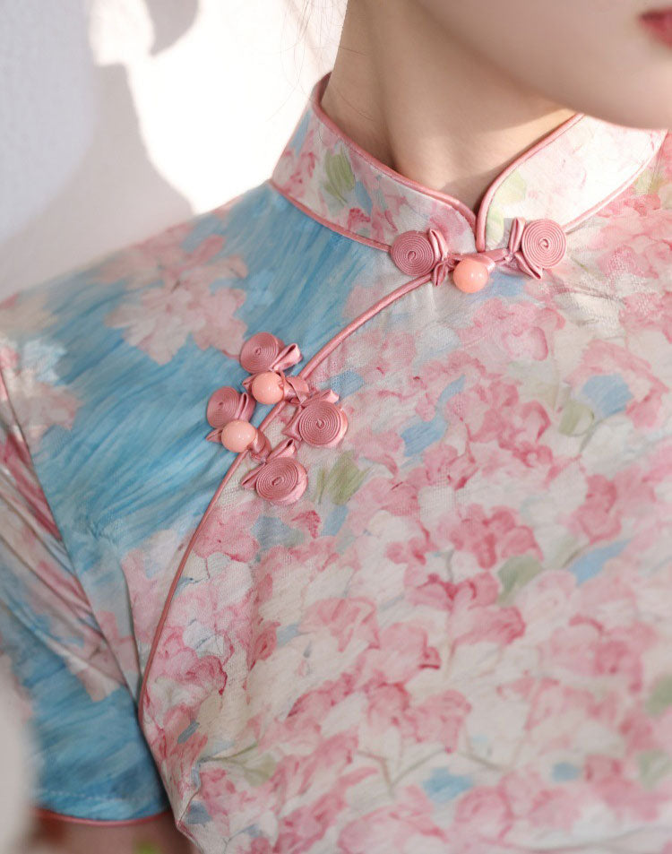 Pink Floral Print Long Cheongsam Qipao Dress