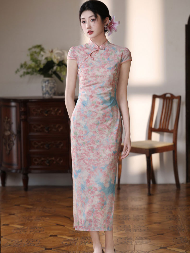 Pink Floral Print Long Cheongsam Qipao Dress