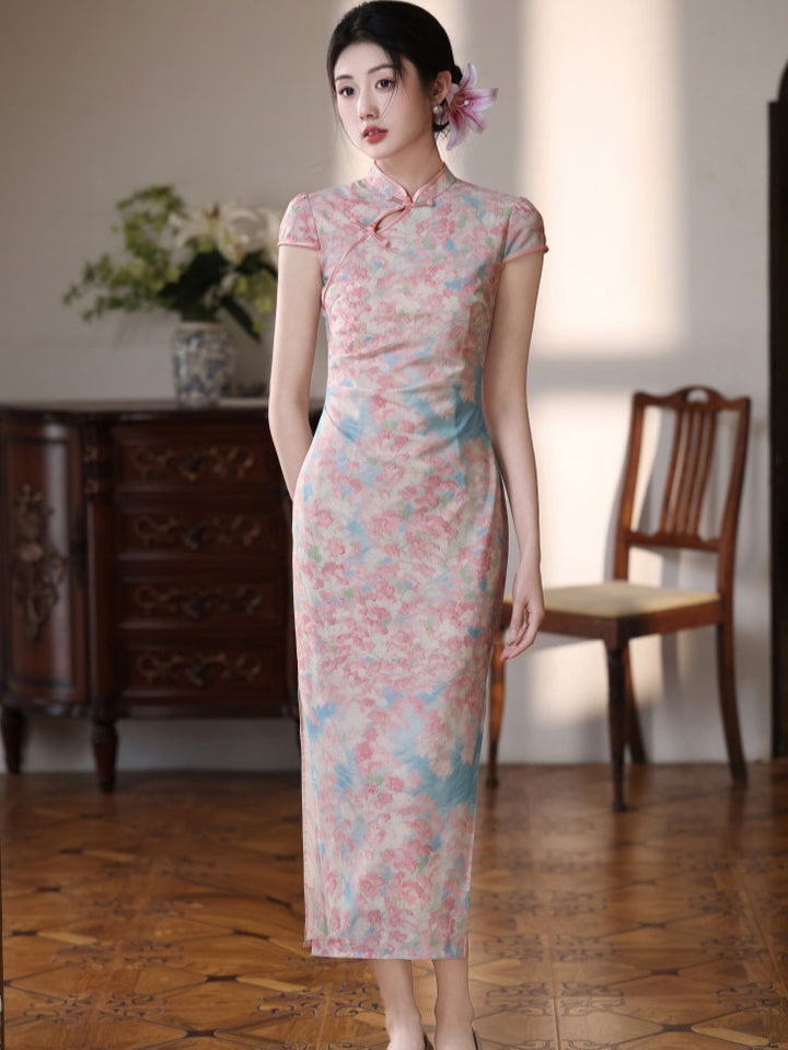 Pink Floral Print Long Cheongsam Qipao Dress
