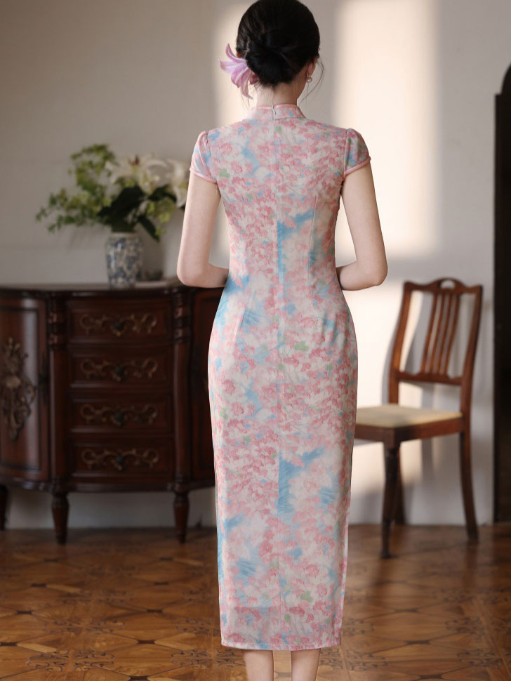 Pink Floral Print Long Cheongsam Qipao Dress