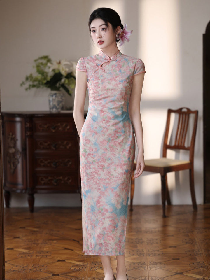Pink Floral Print Long Cheongsam Qipao Dress