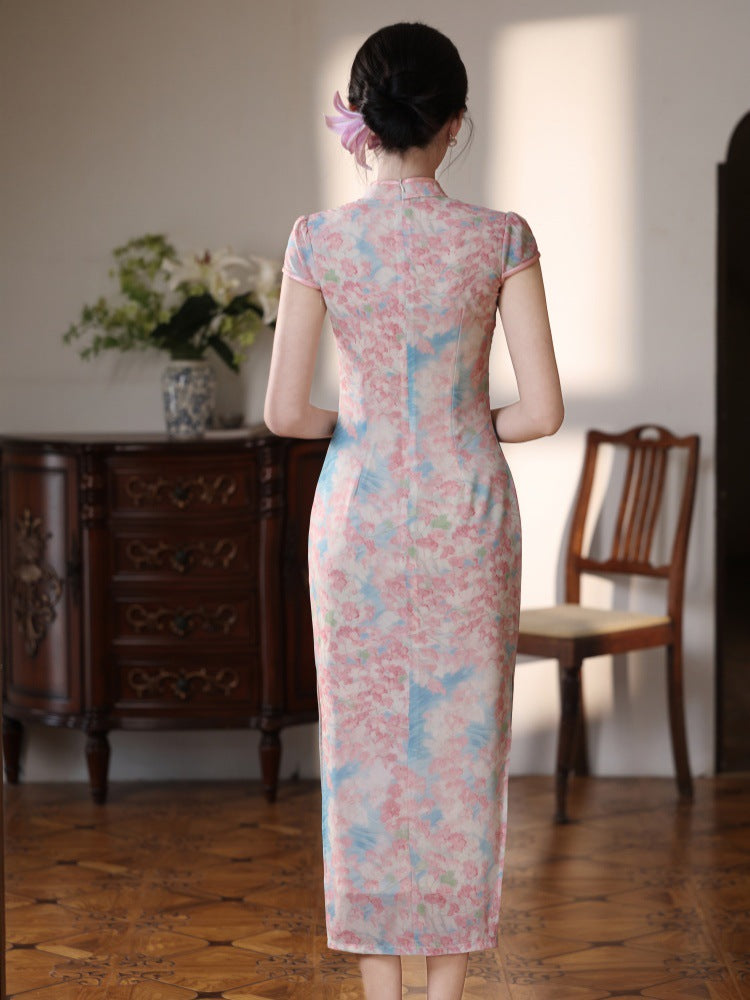 Pink Floral Print Long Cheongsam Qipao Dress