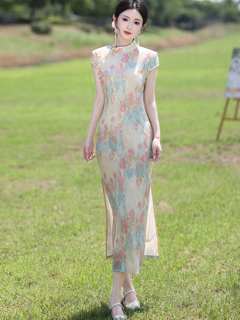 Lovely Tulip Print Maxi Cheongsam Qipao Dress