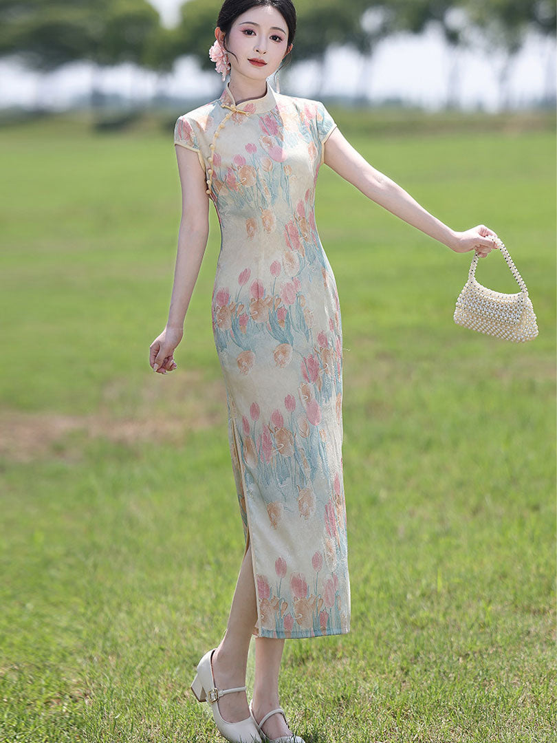Lovely Tulip Print Maxi Cheongsam Qipao Dress