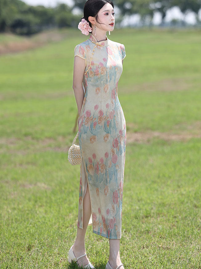 Lovely Tulip Print Maxi Cheongsam Qipao Dress