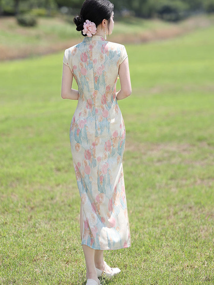 Lovely Tulip Print Maxi Cheongsam Qipao Dress