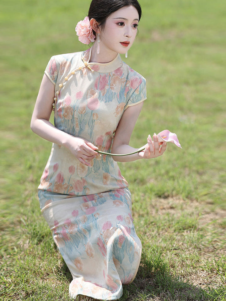 Lovely Tulip Print Maxi Cheongsam Qipao Dress