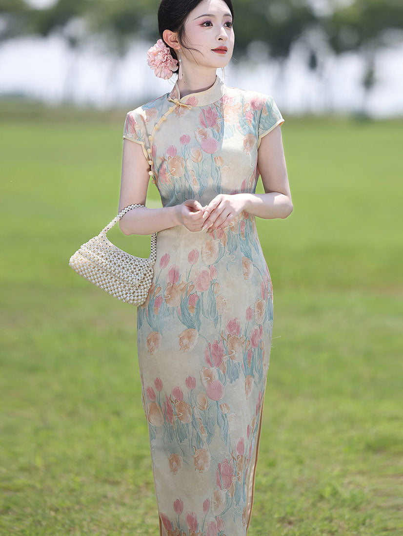 Lovely Tulip Print Maxi Cheongsam Qipao Dress