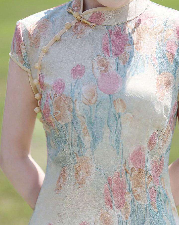 Lovely Tulip Print Maxi Cheongsam Qipao Dress