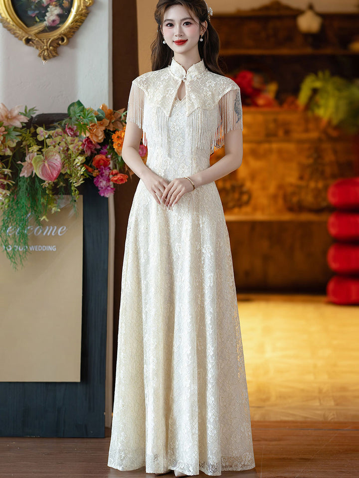 Champagne Lace A-Line Wedding Cheongsam Qipao Dress with Shawl