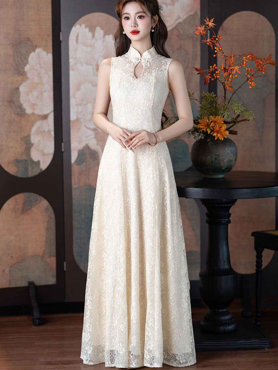 Champagne Lace A-Line Wedding Cheongsam Qipao Dress with Shawl