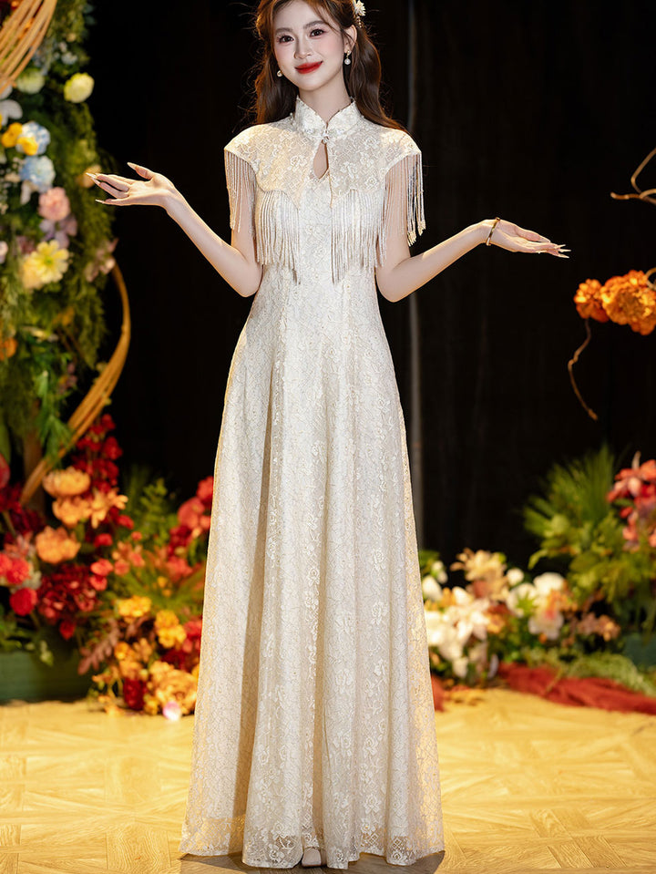 Champagne Lace A-Line Wedding Cheongsam Qipao Dress with Shawl