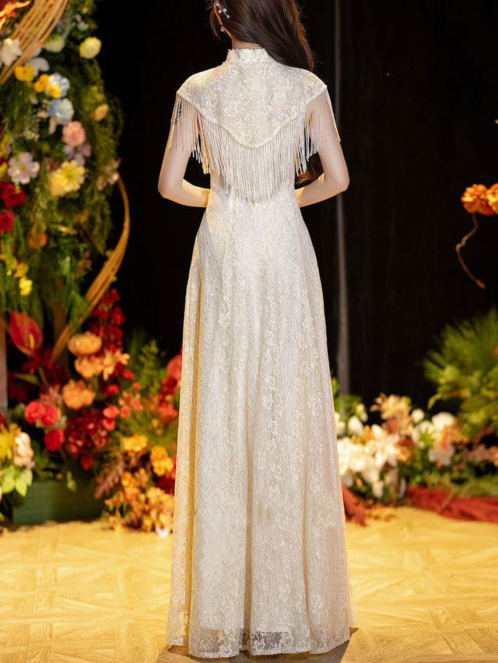 Champagne Lace A-Line Wedding Cheongsam Qipao Dress with Shawl