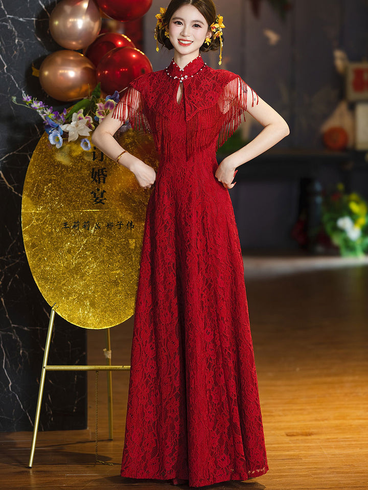 Burgundy Lace A-Line Wedding Bridal Cheongsam Qipao Dress