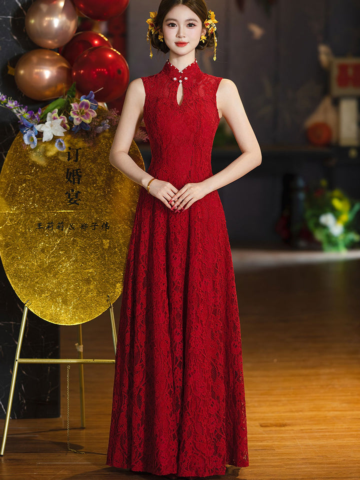 Burgundy Lace A-Line Wedding Bridal Cheongsam Qipao Dress