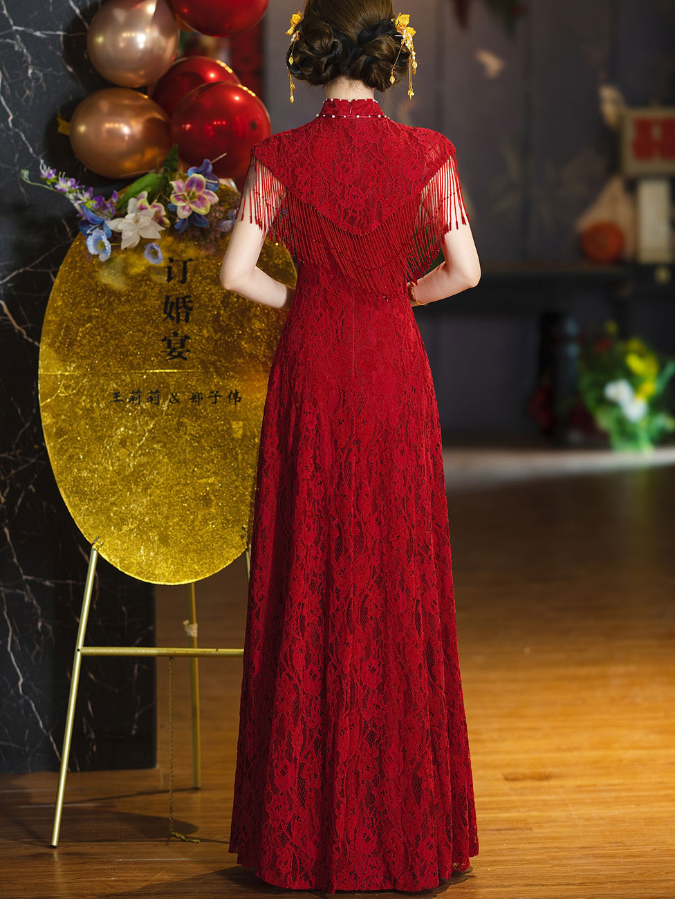 Burgundy Lace A-Line Wedding Bridal Cheongsam Qipao Dress