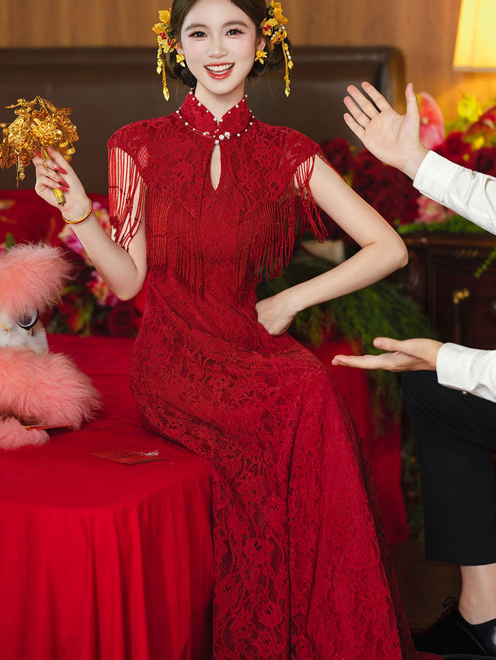 Burgundy Lace A-Line Wedding Bridal Cheongsam Qipao Dress