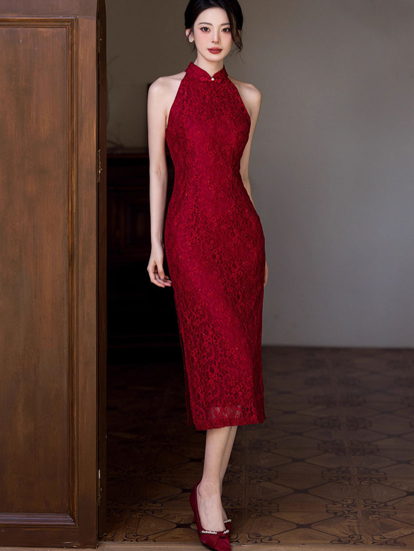 Red Halter Lace Wedding Cheongsam Qipao Dress with Shawl