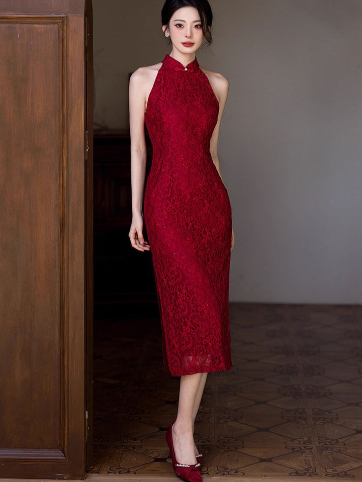 Red Halter Lace Wedding Cheongsam Qipao Dress with Shawl