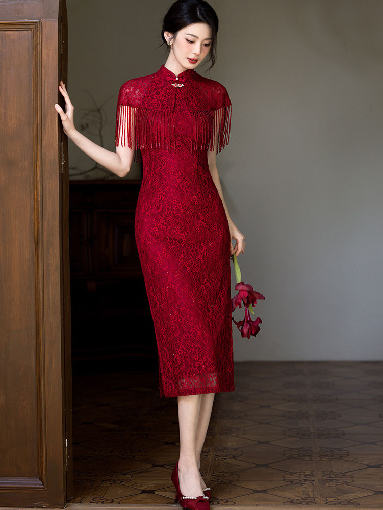 Red Halter Lace Wedding Cheongsam Qipao Dress with Shawl