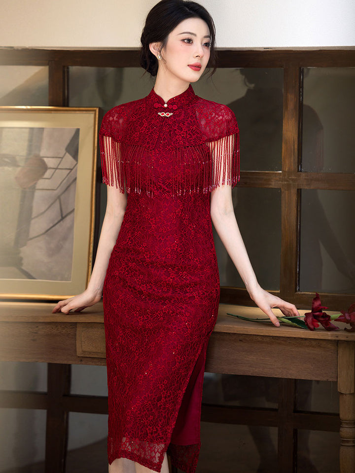 Red Halter Lace Wedding Cheongsam Qipao Dress with Shawl