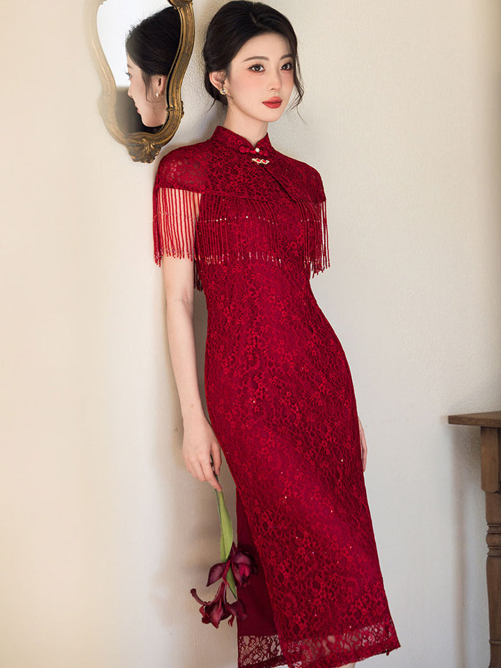 Red Halter Lace Wedding Cheongsam Qipao Dress with Shawl