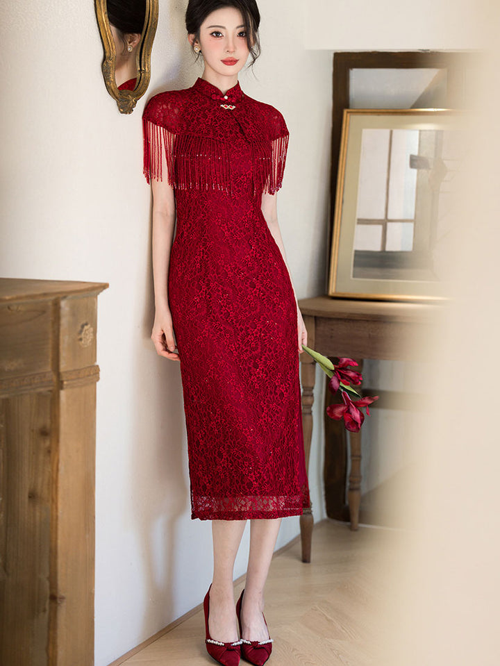 Red Halter Lace Wedding Cheongsam Qipao Dress with Shawl