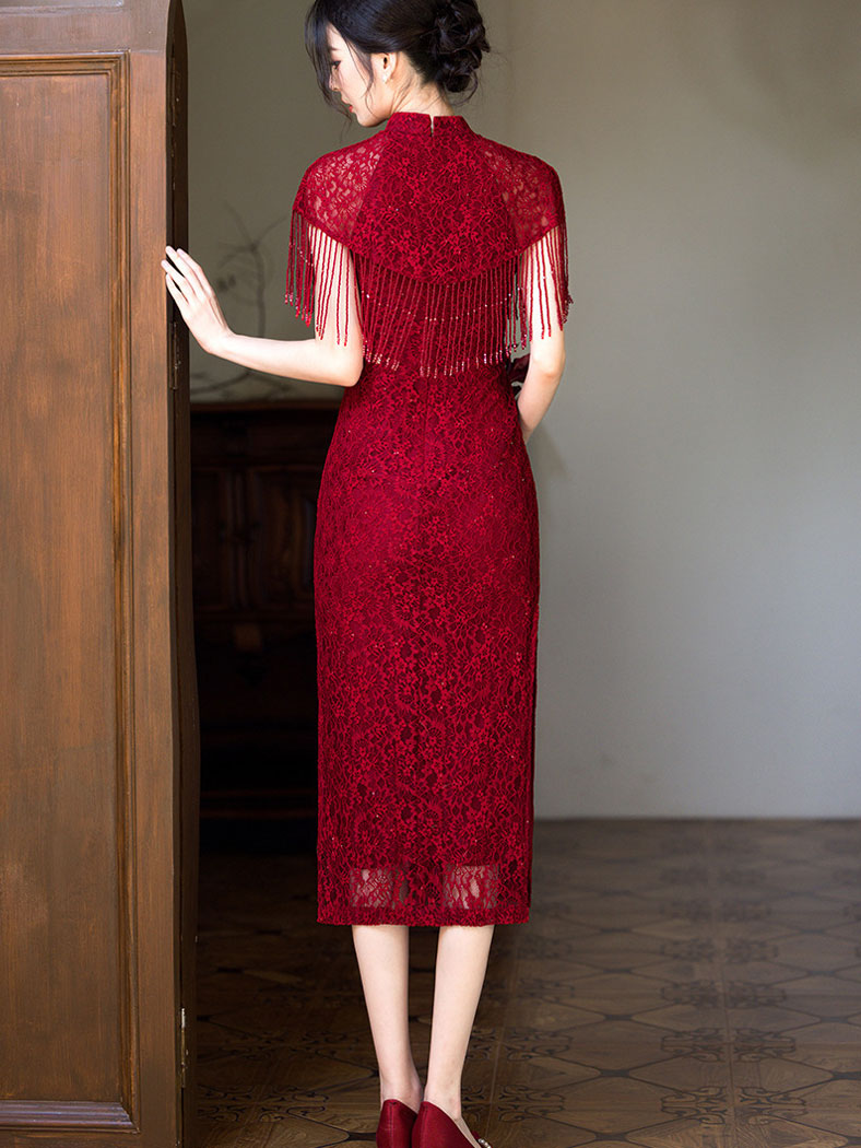 Red Halter Lace Wedding Cheongsam Qipao Dress with Shawl