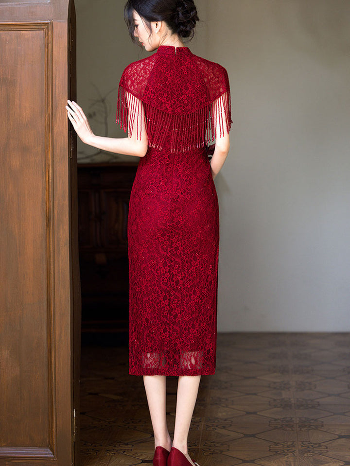 Red Halter Lace Wedding Cheongsam Qipao Dress with Shawl