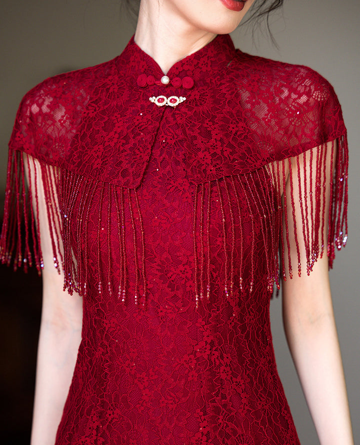 Red Halter Lace Wedding Cheongsam Qipao Dress with Shawl