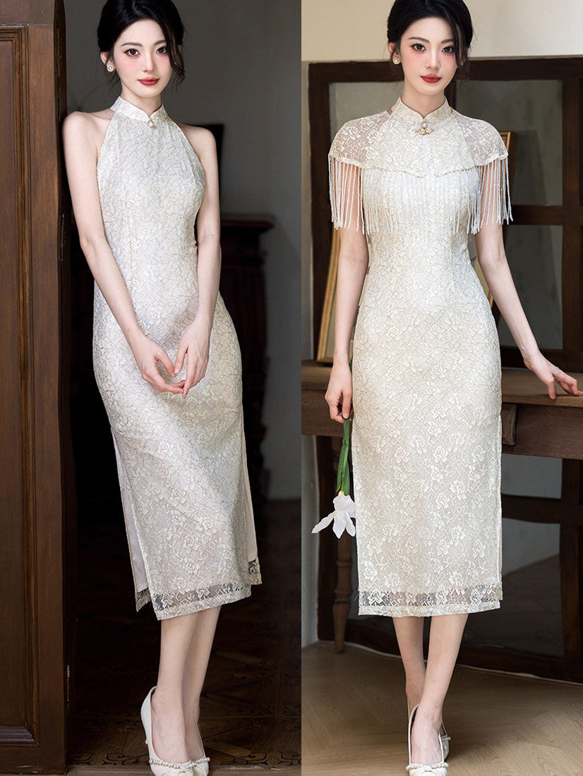 Beige Halter Lace Midi Cheongsam Qipao Dress with Shawl