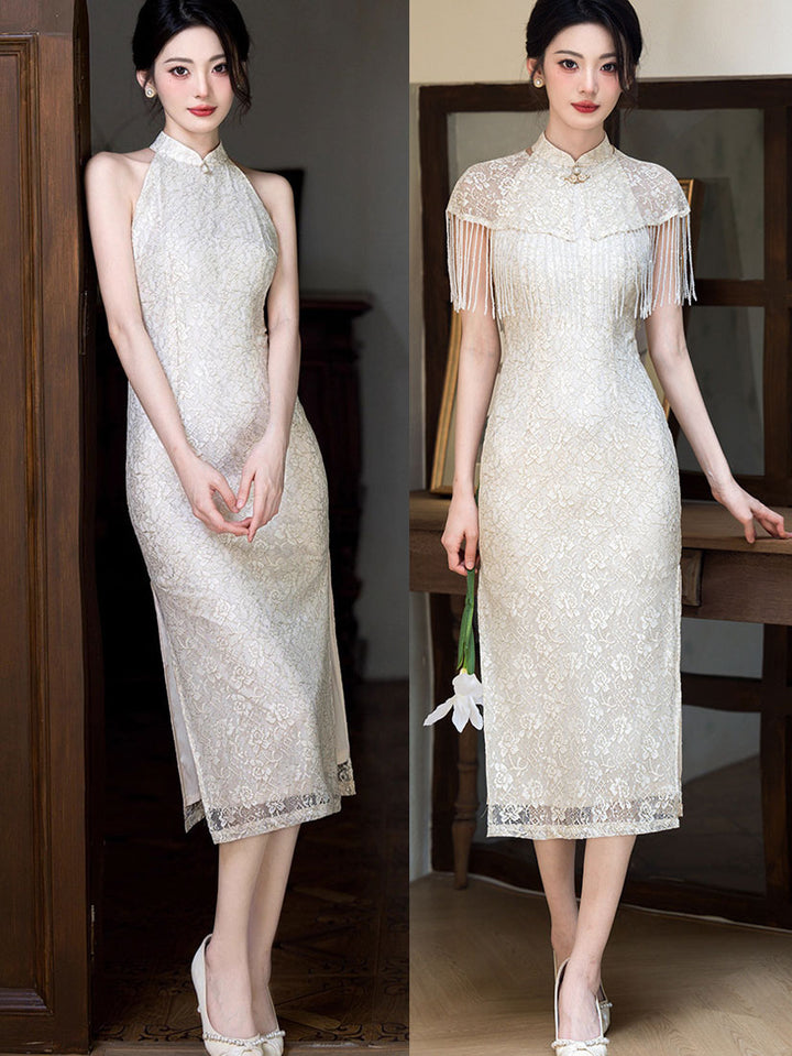 Beige Halter Lace Midi Cheongsam Qipao Dress with Shawl