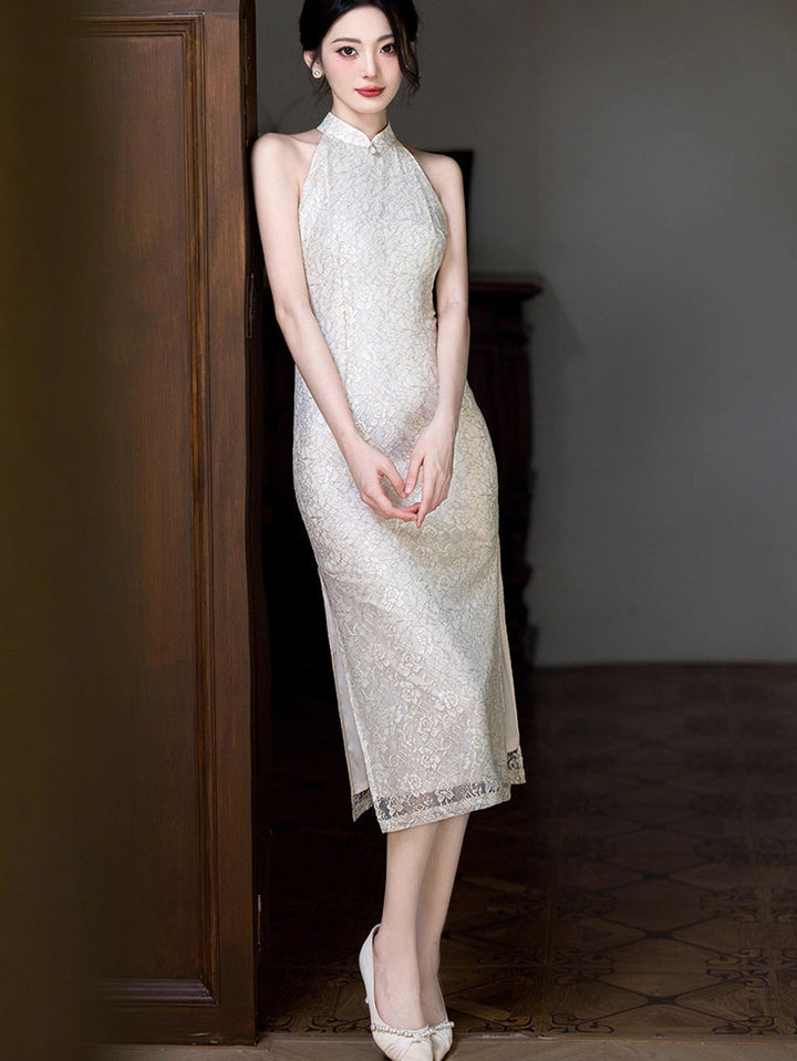 Beige Halter Lace Midi Cheongsam Qipao Dress with Shawl