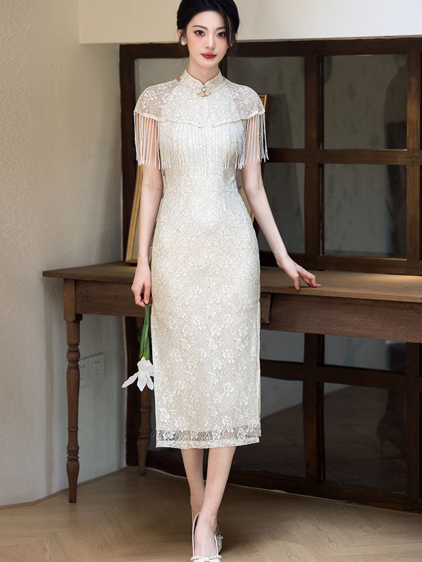 Beige Halter Lace Midi Cheongsam Qipao Dress with Shawl