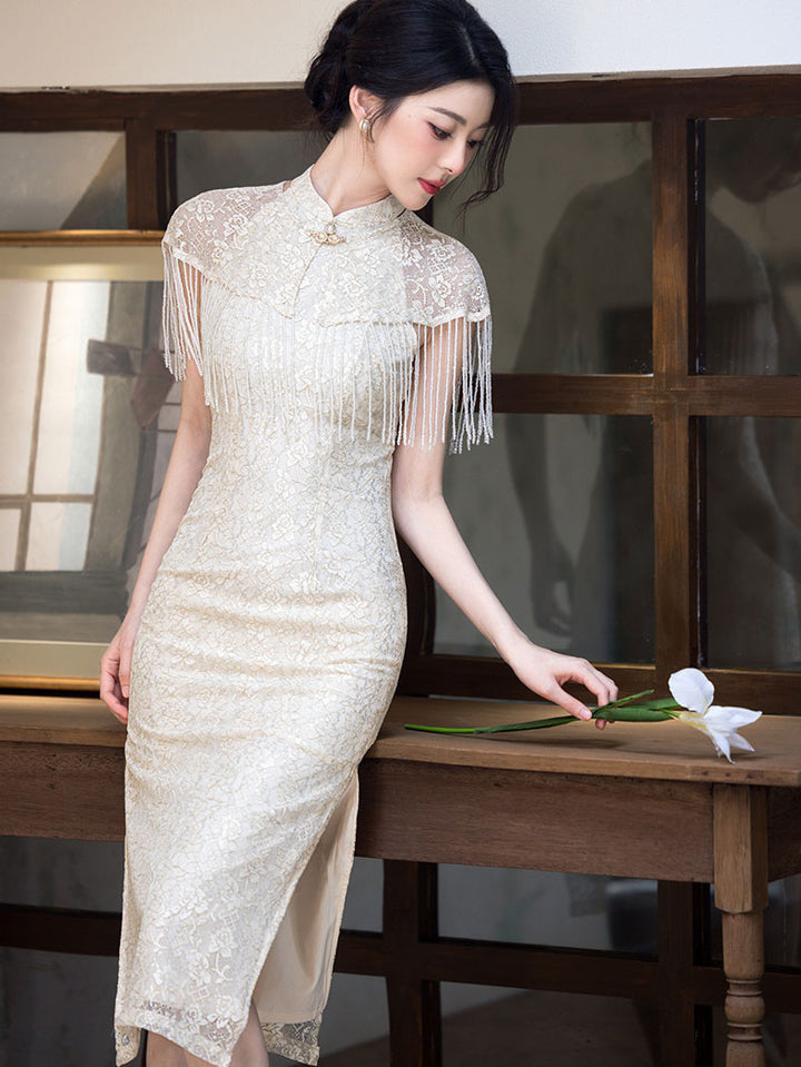 Beige Halter Lace Midi Cheongsam Qipao Dress with Shawl