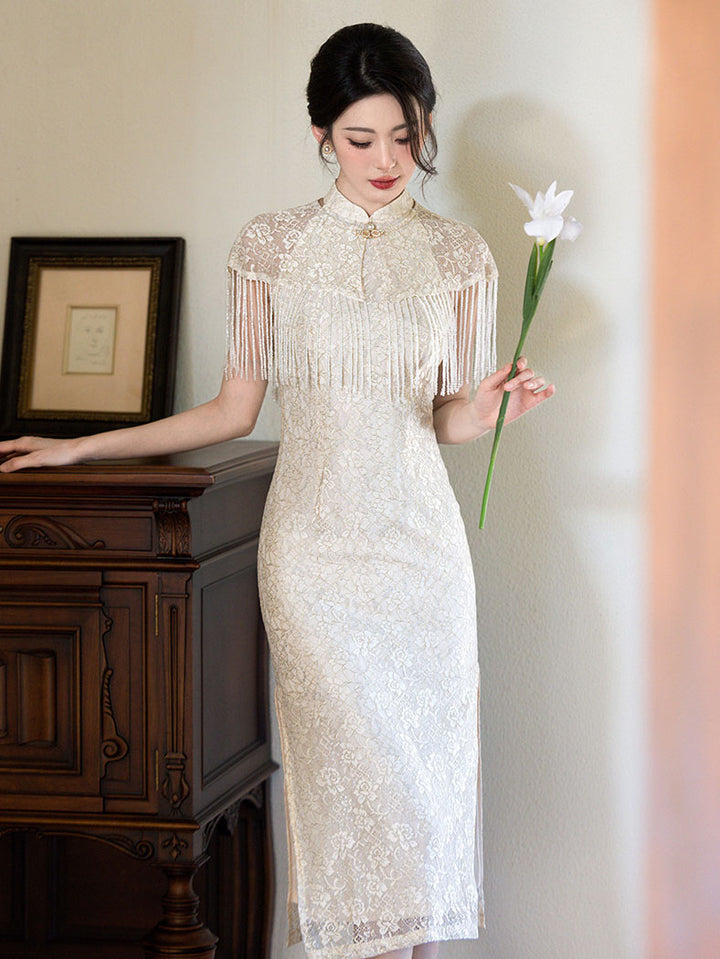 Beige Halter Lace Midi Cheongsam Qipao Dress with Shawl