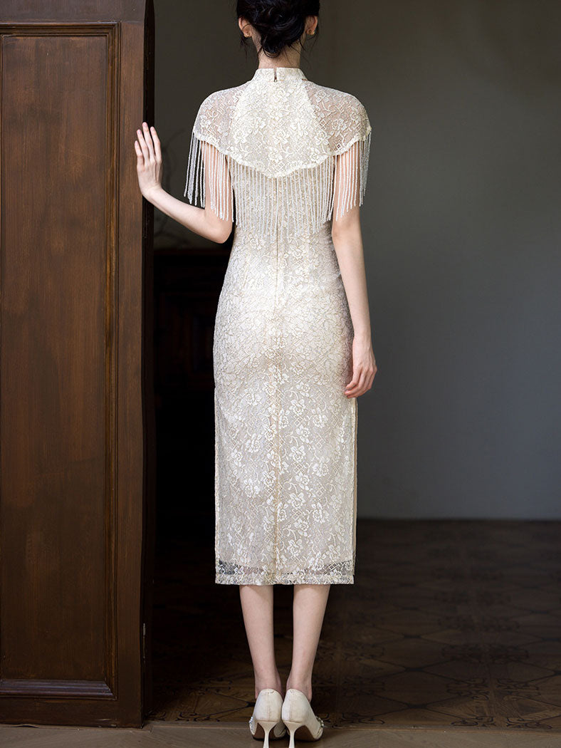 Beige Halter Lace Midi Cheongsam Qipao Dress with Shawl