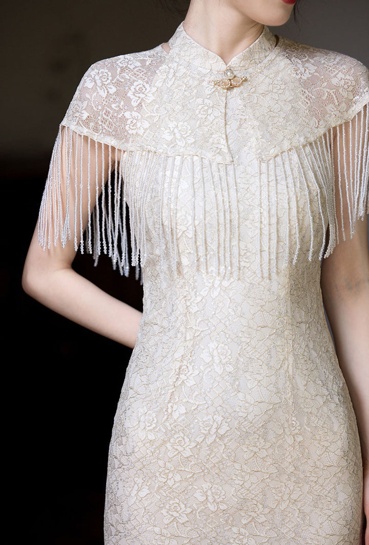Beige Halter Lace Midi Cheongsam Qipao Dress with Shawl