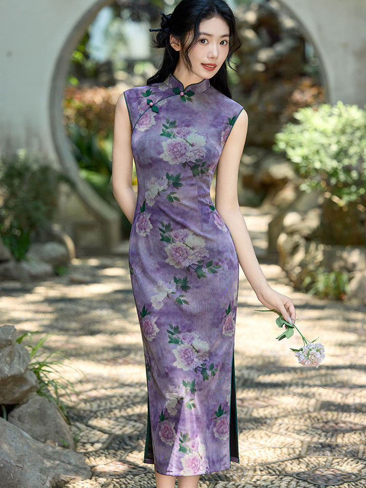 Purple Floral Print Sleeveless Cheongsam Qipao Dress