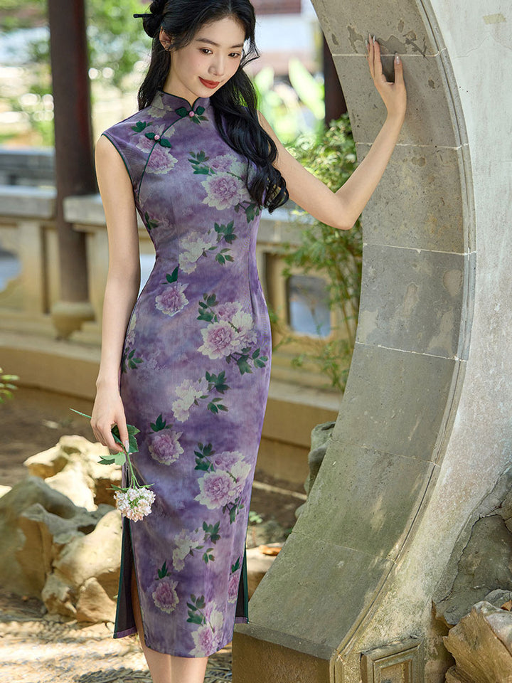 Purple Floral Print Sleeveless Cheongsam Qipao Dress
