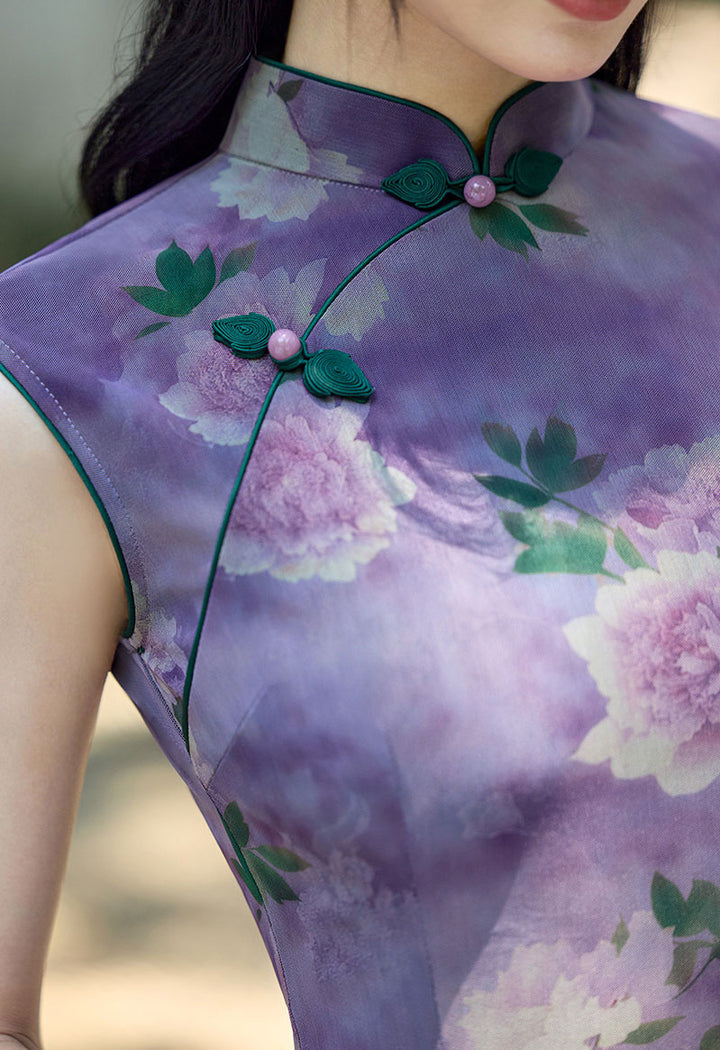 Purple Floral Print Sleeveless Cheongsam Qipao Dress