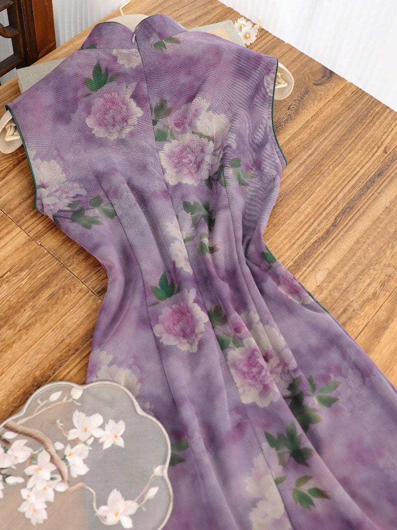 Purple Floral Print Sleeveless Cheongsam Qipao Dress