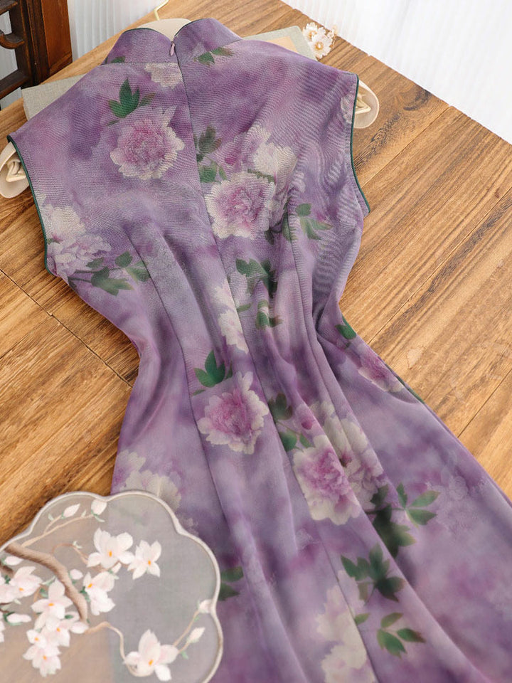 Purple Floral Print Sleeveless Cheongsam Qipao Dress