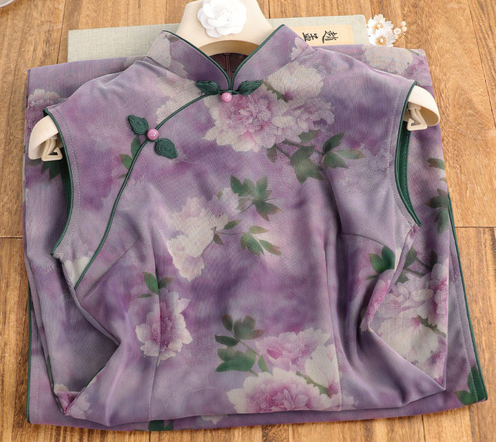 Purple Floral Print Sleeveless Cheongsam Qipao Dress