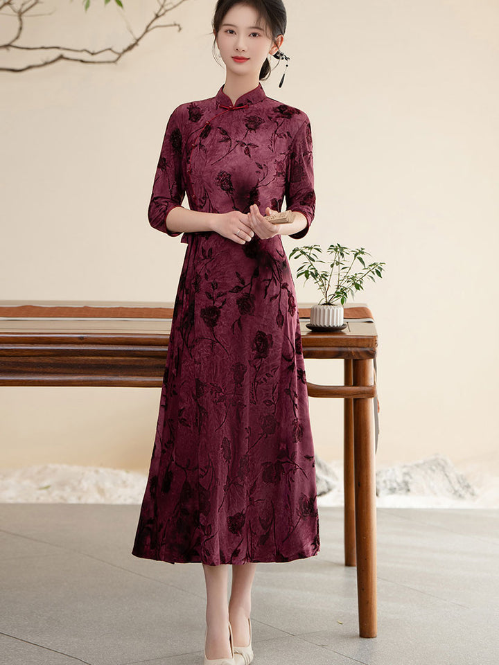 Floral Print Belt Mothers A-Line Cheongsam Qipao Dress